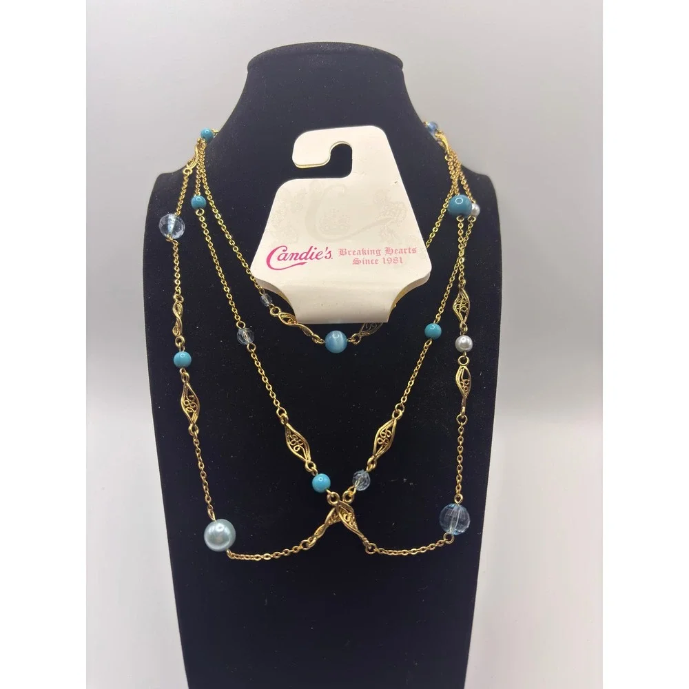 Candies Gold Tone Station Necklace Turquoise Blue Beads Faux Pearl Filigree 42in
